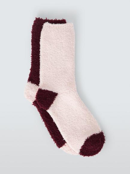 John Lewis Fluffy Contrast Heel & Toe Lounge Socks, Pink And Fig