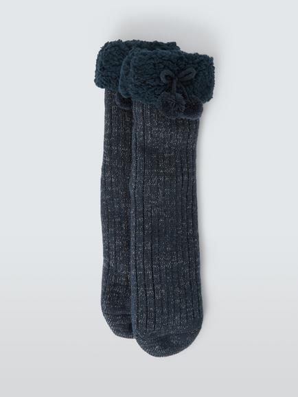 John Lewis Lurex Pom Pom Lounge Socks, Navy, Navy