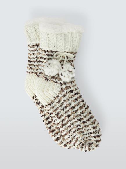 John Lewis Space-Dye Pom Pom Lounge Socks, Chocolate, Chocolate