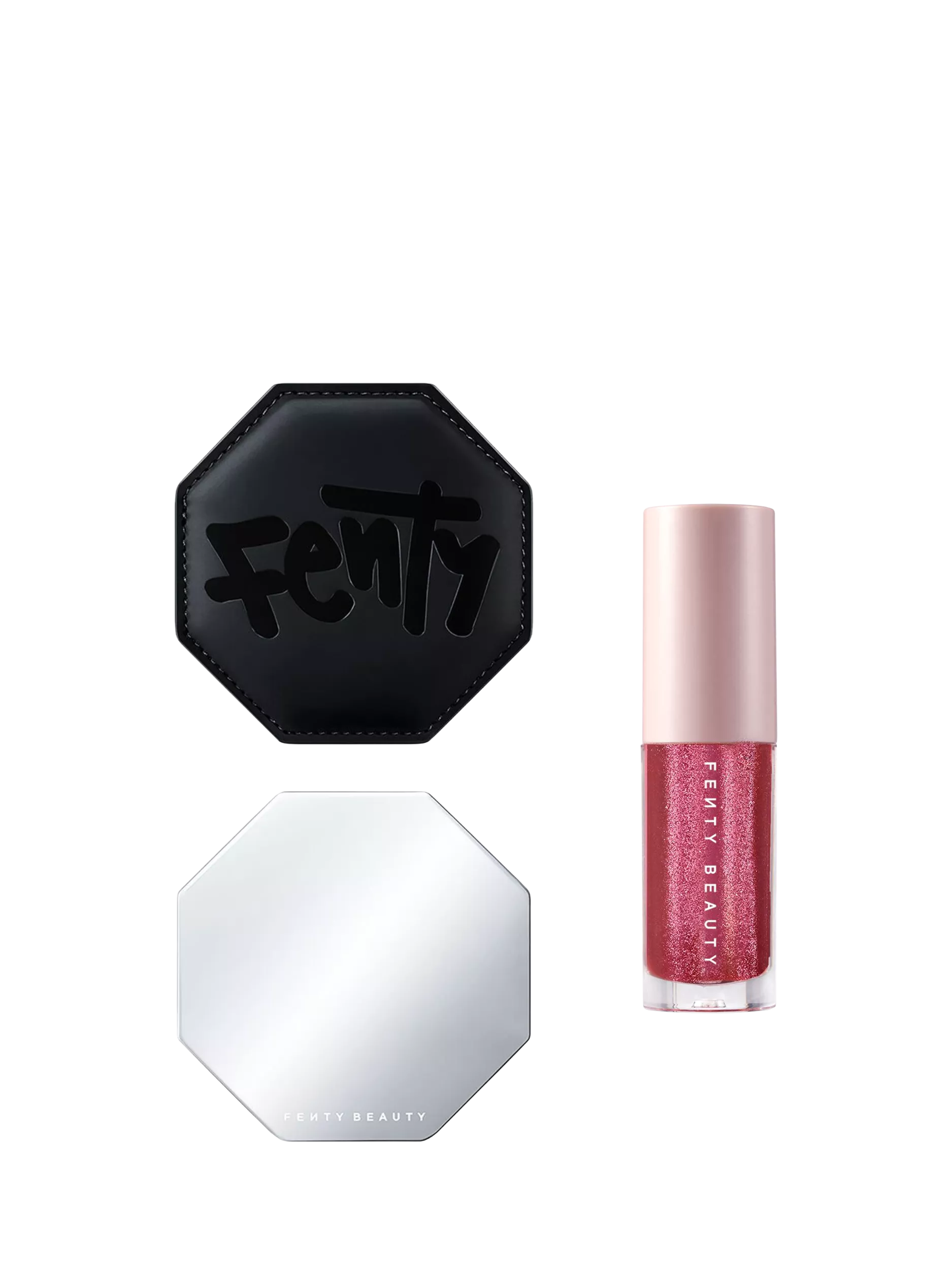 Fenty Beauty compact mirror and a sparkly pink lip gloss with a sleek black cover and clear bottle design.