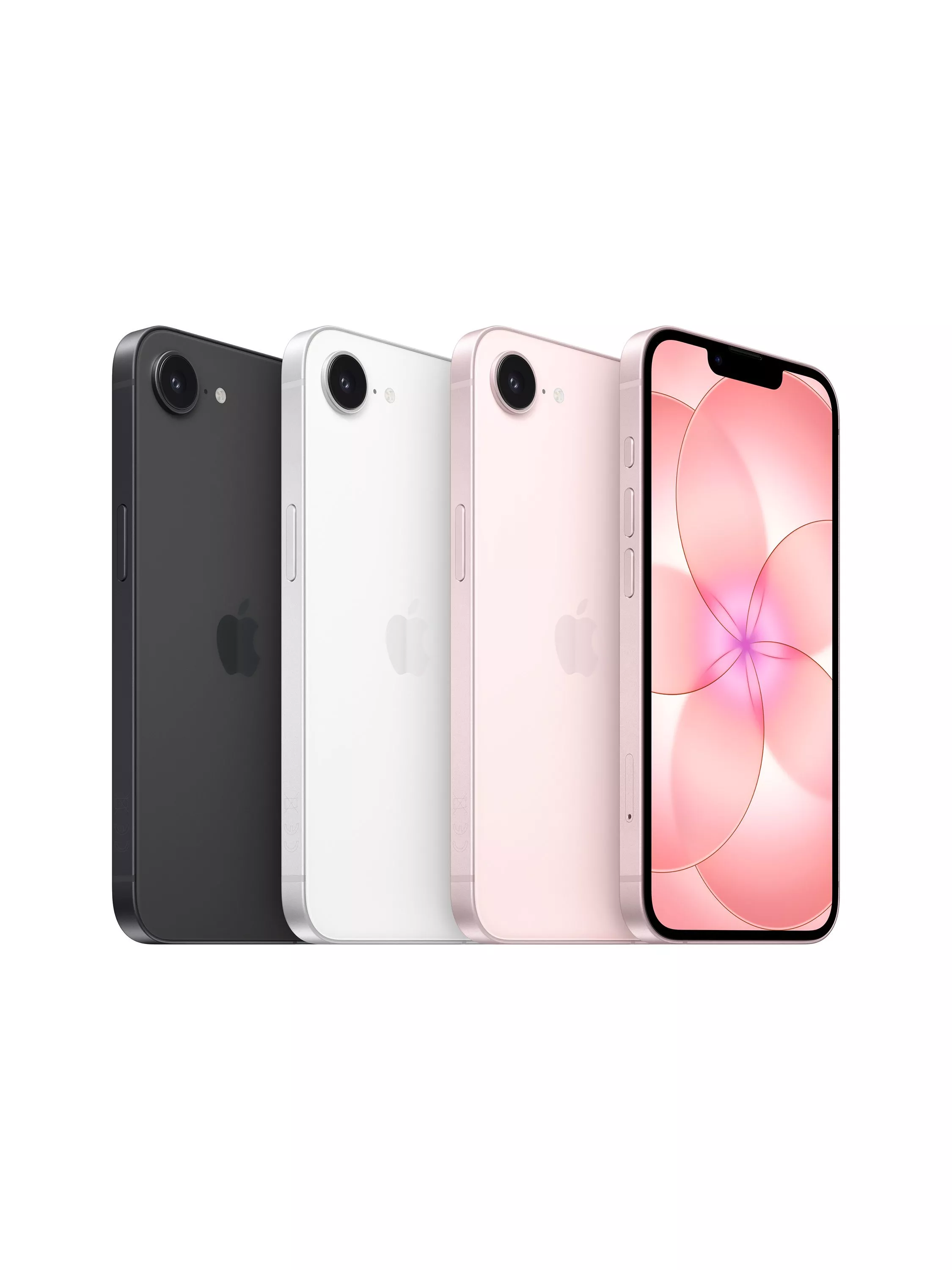 Four smartphones in black, white, and pink, showcasing sleek design and vibrant display.