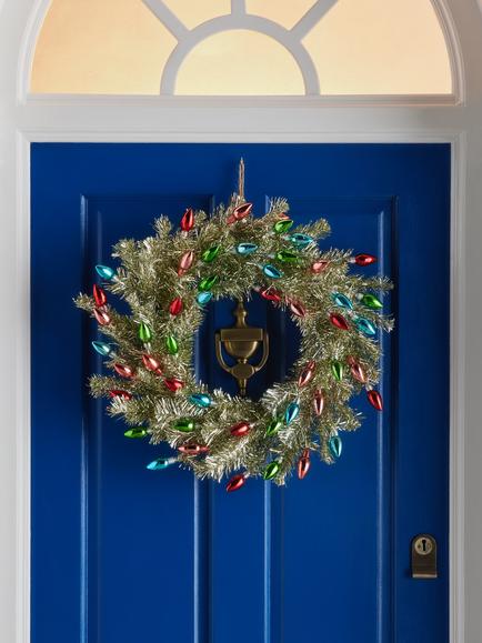 John Lewis Light Bulbs Tinsel Wreath, Dia.50cm - view 2, Red