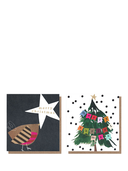 Caroline Gardner Robin and Tree Christmas Cards, Pack of 8, Multi