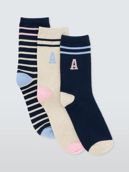 John Lewis Organic Cotton Rich Alphabet 'A' Socks, Pack of 3, Navy, Navy