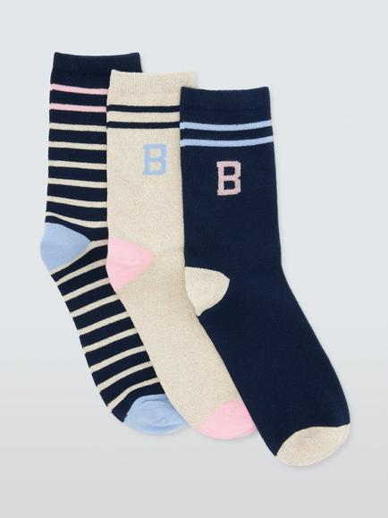 John Lewis Organic Cotton Rich Alphabet 'B' Socks, Pack of 3, Navy, Navy