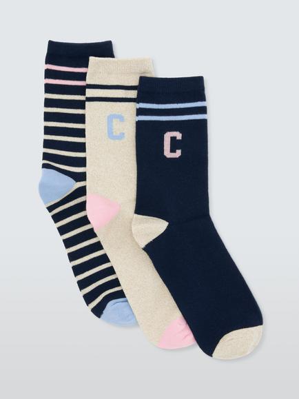 John Lewis Organic Cotton Rich Alphabet 'C' Socks, Pack of 3, Navy, Navy