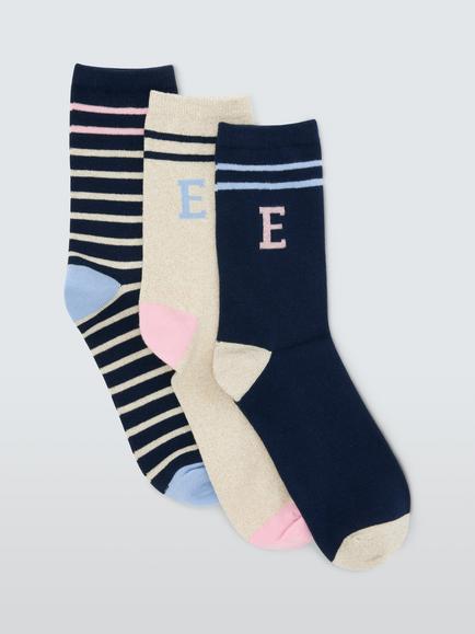 John Lewis Organic Cotton Rich Alphabet 'E' Socks, Pack of 3, Navy, Navy