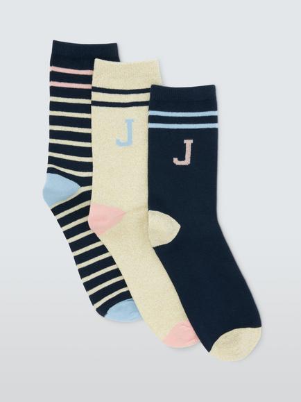 John Lewis Organic Cotton Rich Alphabet 'J' Socks, Pack of 3, Navy, Navy