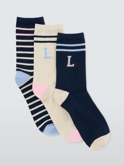 John Lewis Organic Cotton Rich Alphabet 'L' Socks, Pack of 3, Navy, Navy