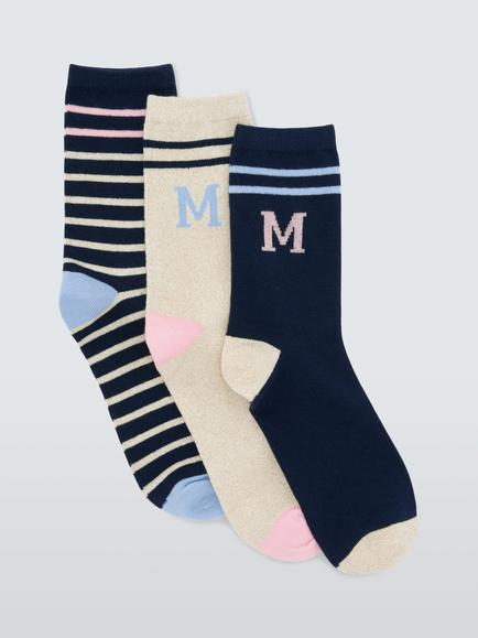 John Lewis Organic Cotton Rich Alphabet 'M' Socks, Pack of 3, Navy, Navy