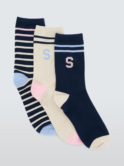 John Lewis Organic Cotton Rich Alphabet 'S' Socks, Pack of 3, Navy, Navy
