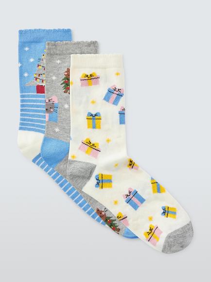 John Lewis Organic Cotton Rich Christmas Cat Ankle Socks, Pack of 3, Multi, Multi