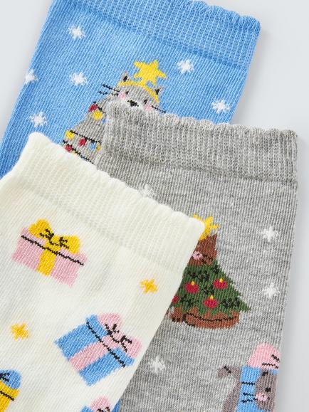 John Lewis Organic Cotton Rich Christmas Cat Ankle Socks, Pack of 3, Multi - view 2, Multi