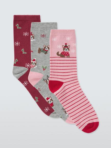 John Lewis Organic Cotton Rich Christmas Corgi Socks, Pack of 3, Multi, Multi