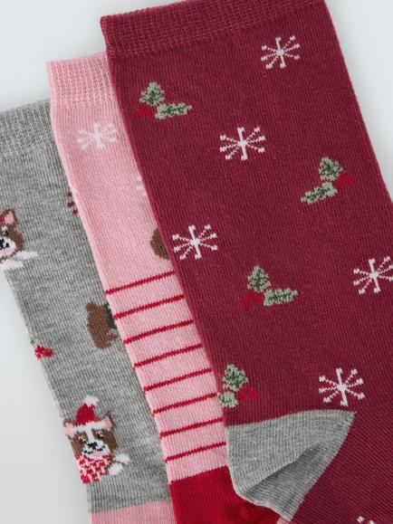 John Lewis Organic Cotton Rich Christmas Corgi Socks, Pack of 3, Multi - view 2, Multi