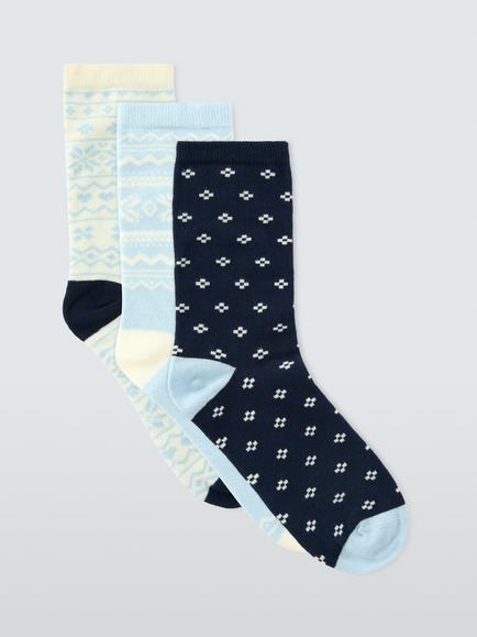 John Lewis Organic Cotton Rich Fairisle Socks, Pack of 3, Light Blue, Light Blue