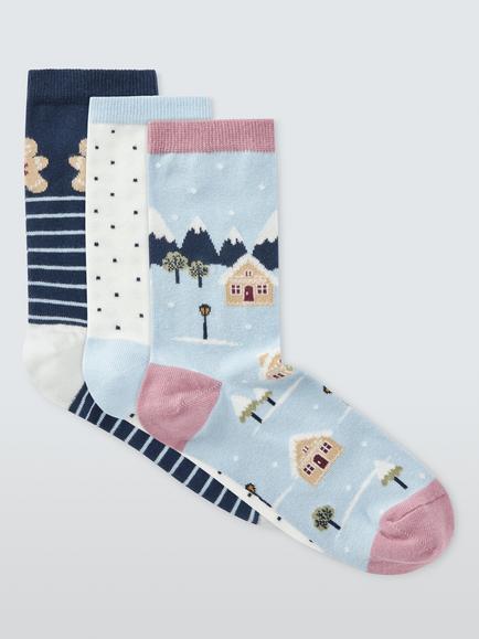John Lewis Organic Cotton Rich Gingerbread Ankle Socks, Pack of 3, Multi, Multi
