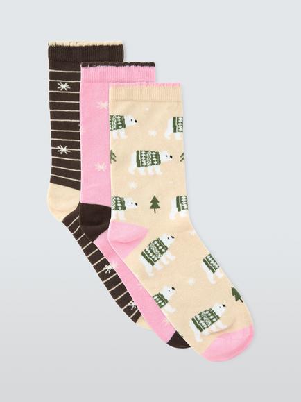 John Lewis Organic Cotton Rich Polar Bear Ankle Socks, Pack of 3, Multi, Multi