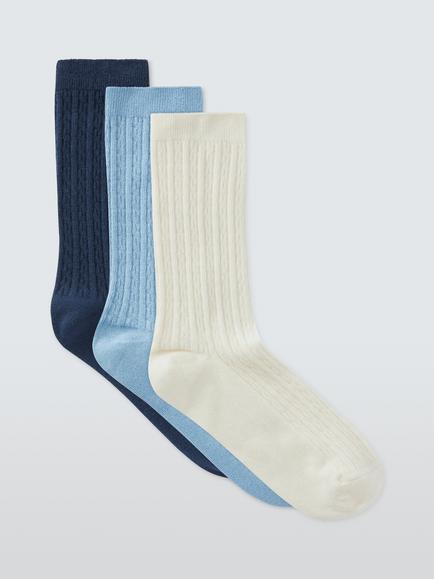 John Lewis Cable Knit Socks, Blue Assort, Pack of 3, Blue Assort