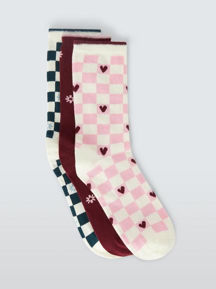 John Lewis Checkerboard Ankle Socks, Pack of 3, Multi, Multi