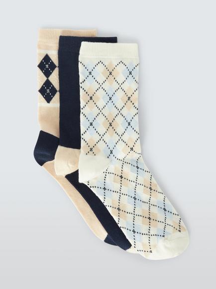 John Lewis Diamond Argyle Ankle Socks, Pack of 3, Multi, Multi