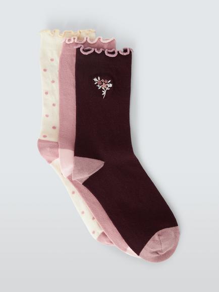 John Lewis Floral Embroidery Ankle Socks, Pack of 3, Multi, Multi