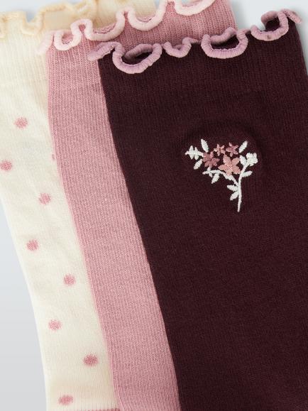 John Lewis Floral Embroidery Ankle Socks, Pack of 3, Multi - view 2, Multi