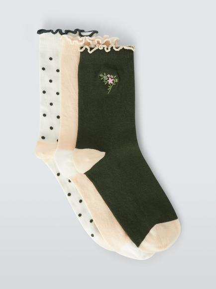 John Lewis Floral Embroidery Ankle Socks, Pack of 3, Multi, Multi