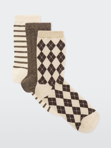 John Lewis Organic Cotton Rich Lurex Argyle Ankle Socks, Pack of 3, Brown Assort