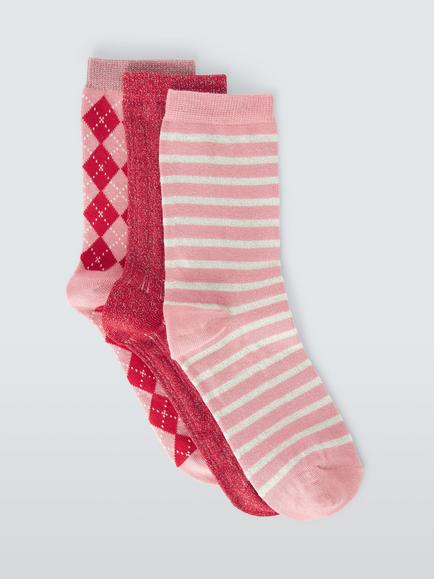John Lewis Lurex Argyle Ankle Socks, Pack of 3, Red / Pink, Red / Pink