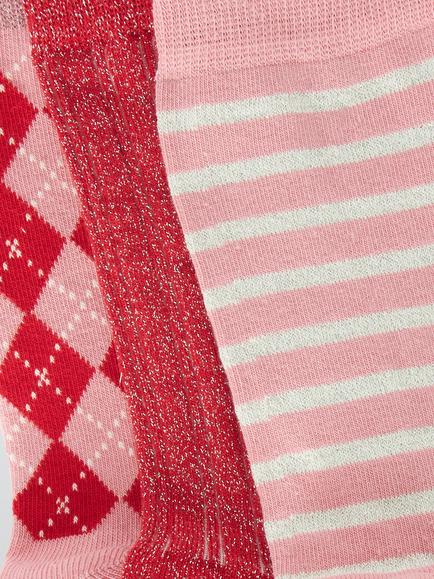 John Lewis Lurex Argyle Ankle Socks, Pack of 3, Red / Pink - view 2, Red / Pink