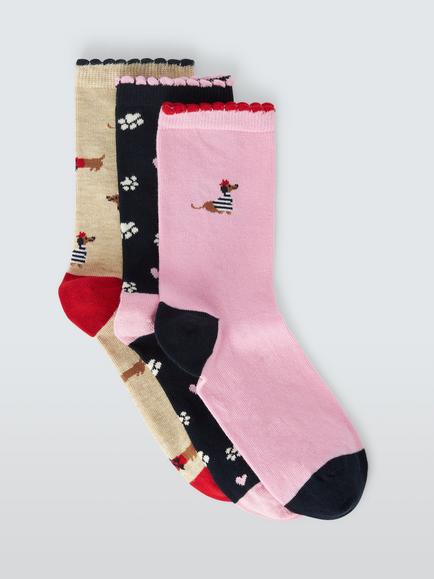 John Lewis Sausage Dog Ankle Socks, Pack of 3, Multi, Multi