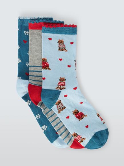 John Lewis Sweater Cat Ankle Socks, Pack of 3, Multi, Multi