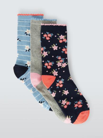 John Lewis Winter Floral Ankle Socks, Pack of 3, Multi, Multi