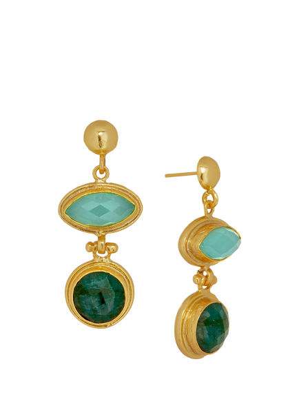 Ottoman Hands Melis Aqua and Emerald Drop Earrings, Gold/Aqua, Gold/Multi