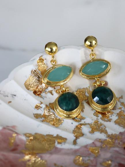 Ottoman Hands Melis Aqua and Emerald Drop Earrings, Gold/Aqua - view 2, Gold/Multi