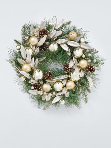 John Lewis Leaf and Bauble Wreath, Champagne, Dia.50cm, Green