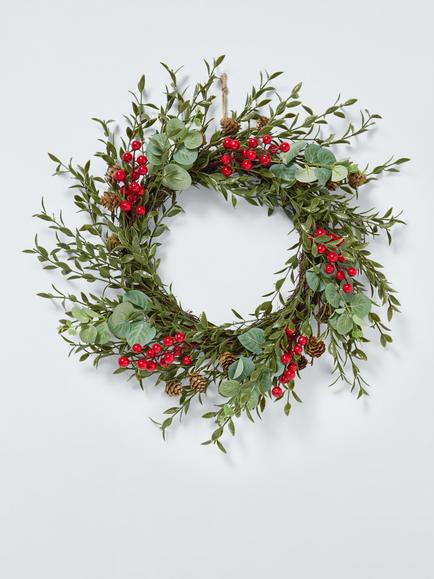 John Lewis Eucalyptus and Red Berry Wreath, Dia.50cm, Green