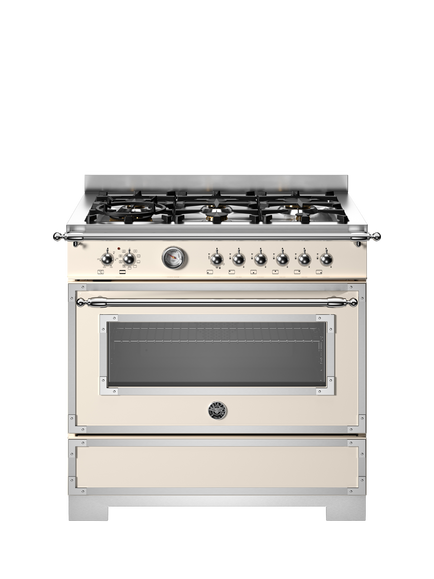 Bertazzoni Heritage Series HER96L1EAVT2 90cm Dual Fuel Range Cooker with Gas Hob, Ivory, Ivory
