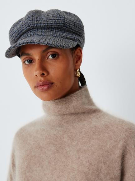 John Lewis Tweed Wool Blend Bakerboy Hat, Blue Multi, Blue Multi