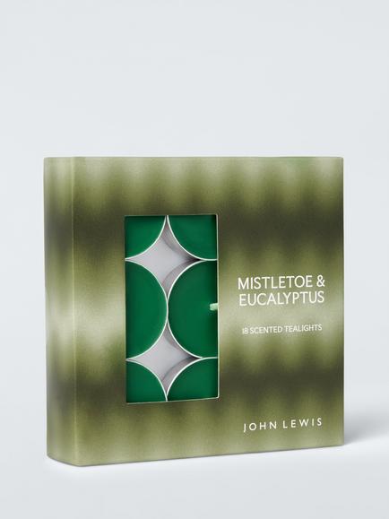 John Lewis Mistletoe & Eucalyptus Scented Tealights, Pack of 18, Green