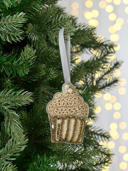 John Lewis The Enthusiast Beaded Cupcake Tree Decoration, Gold - view 2, Gold