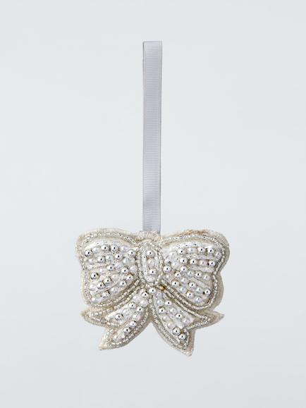 John Lewis The Enthusiast Beaded Bow Tree Decoration, Silver, Silver