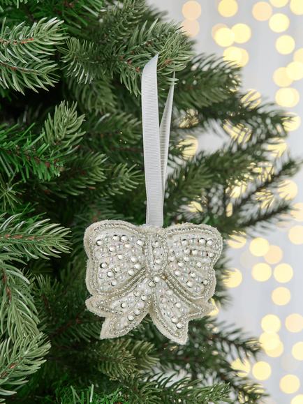 John Lewis The Enthusiast Beaded Bow Tree Decoration, Silver - view 2, Silver