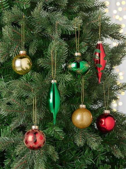 John Lewis Assorted Glass Baubles, Box of 20, Red/Green/Gold - view 2, Red/Green/Gold