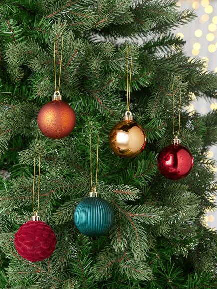 John Lewis Assorted Baubles, Box of 30, Red/Green/Gold - view 2, Red/Green/Gold