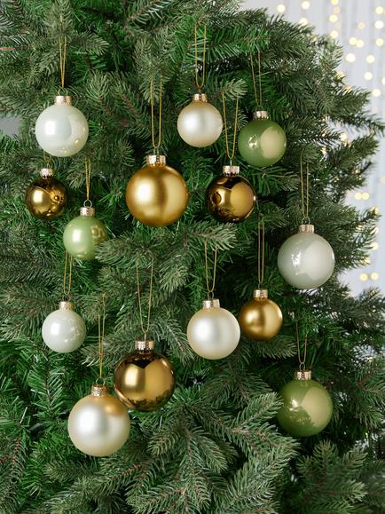 John Lewis Glass Baubles, Box of 42, Gold/Green/Cream - view 2, Gold/Green/Cream