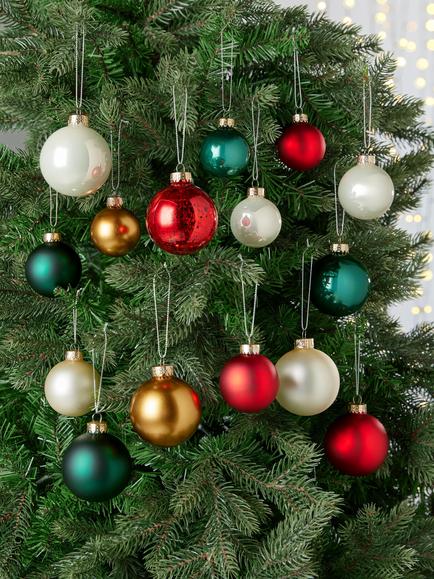 John Lewis Glass Christmas Tree Baubles, Box of 42, Red/Green - view 2, Red/Green/Gold