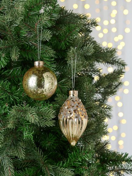 John Lewis Glitter Mercury Glass Baubles, Box of 9, Gold - view 2, Silver/Gold