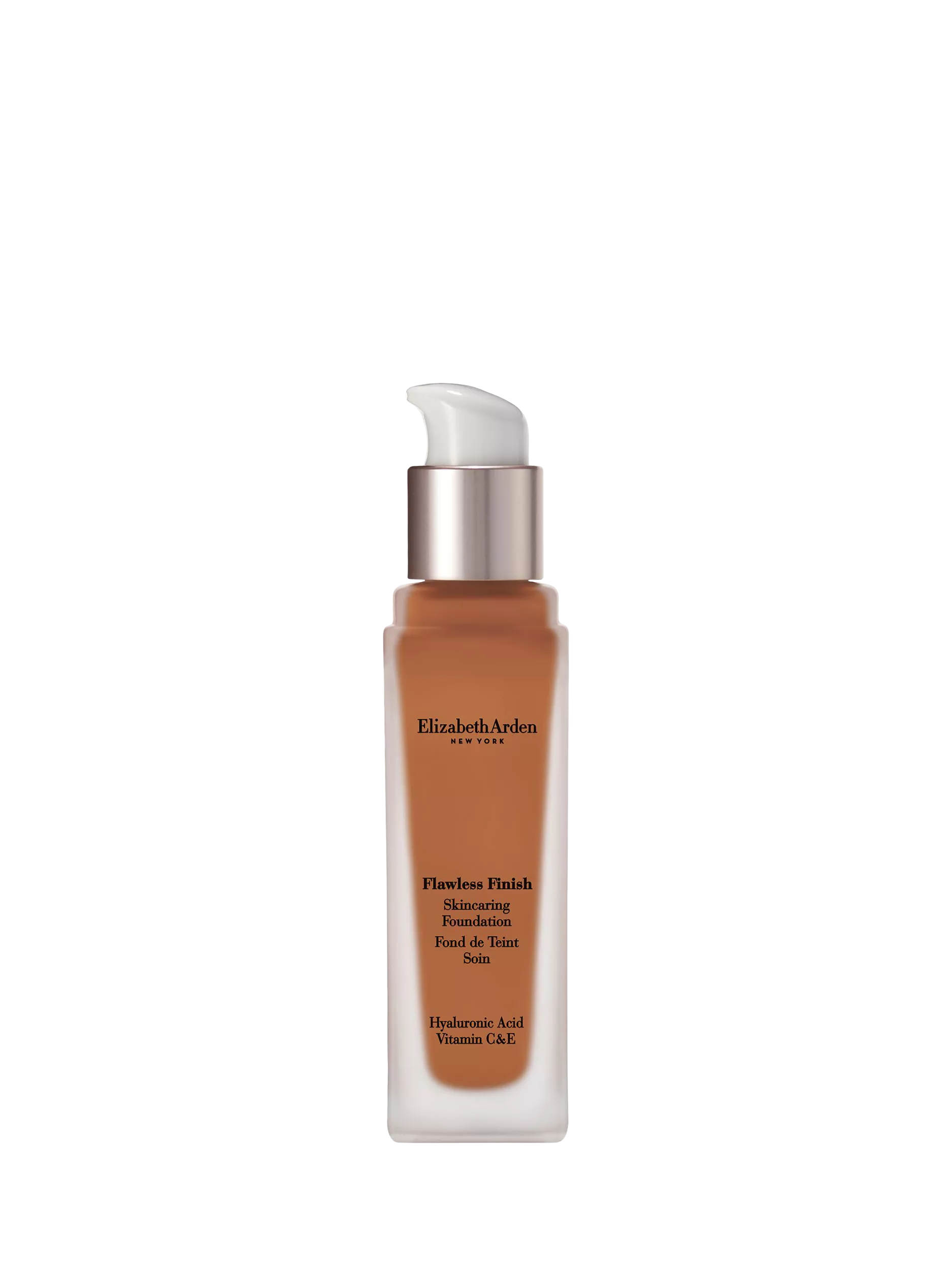 Elizabeth Arden Flawless Finish skincare foundation bottle with pump, hyaluronic acid and vitamin C & E